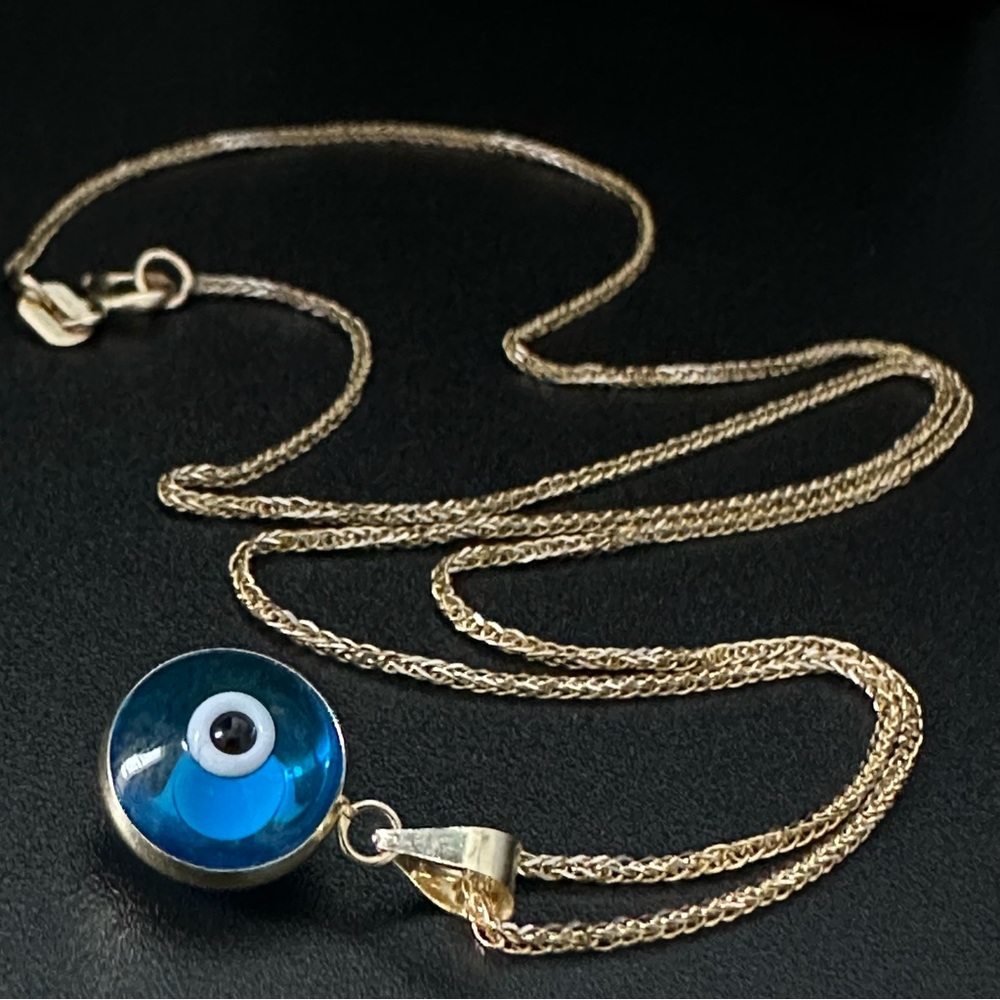 18”14K Gold Spiga Solid Chain & 14K Gold evil eye beaded pendant. ( 2 piece) - Picture 3 of 17